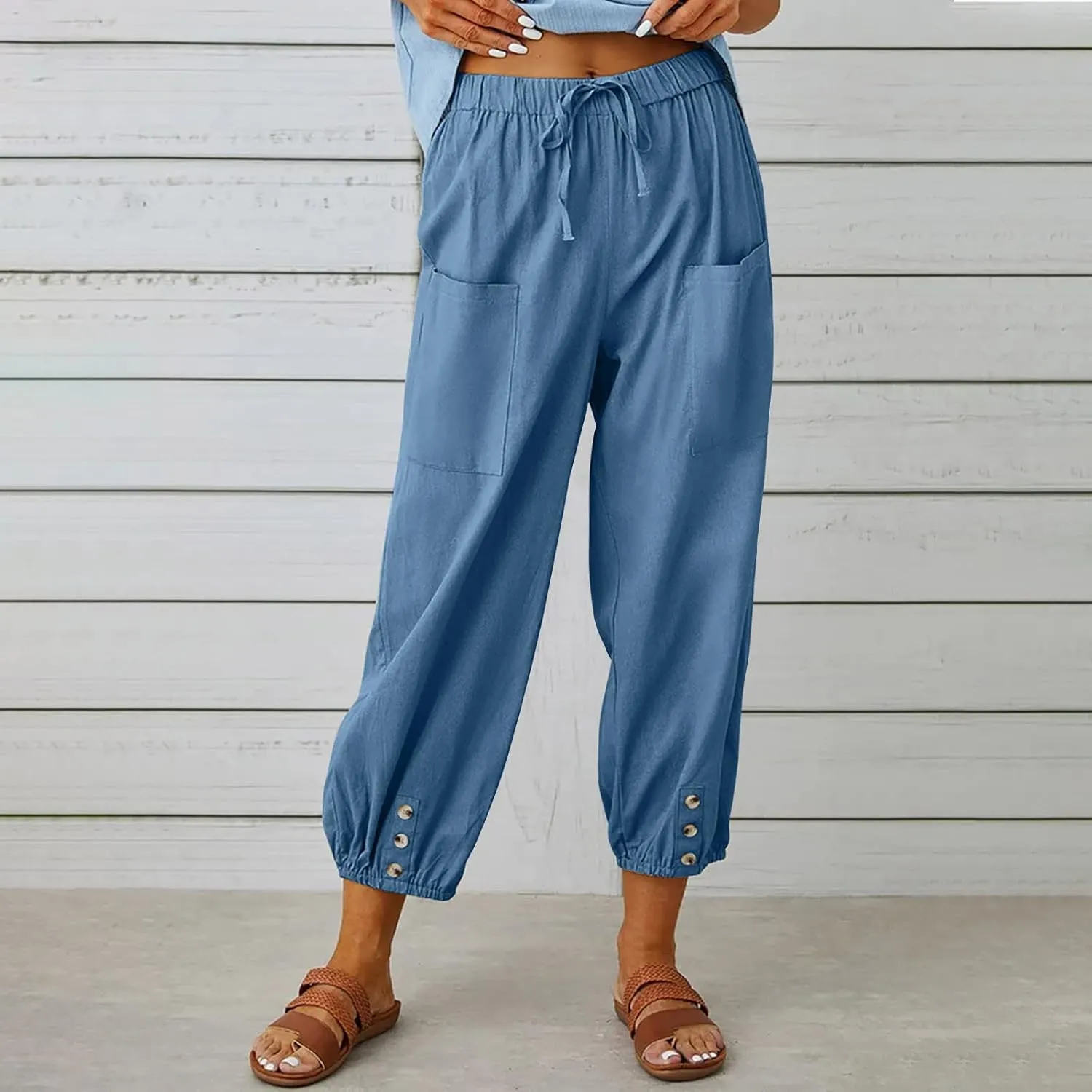 Women's Cotton Pants Trendy Drawstring Bottom Button Jogger Pant Summer Beach Gaucho Trousers Casual Comfy Outfits