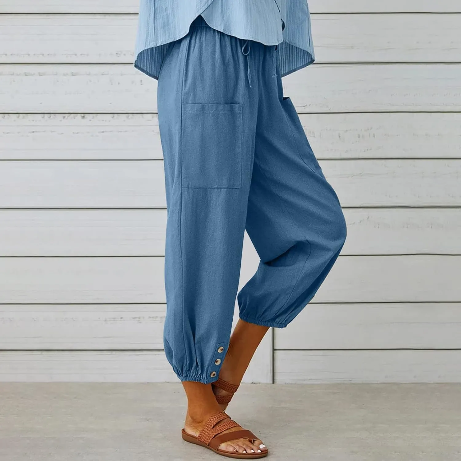 Women's Cotton Pants Trendy Drawstring Bottom Button Jogger Pant Summer Beach Gaucho Trousers Casual Comfy Outfits