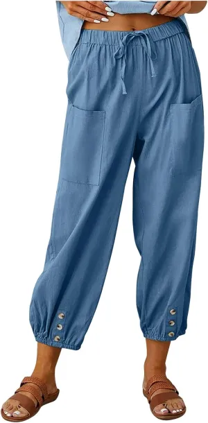Women's Cotton Pants Trendy Drawstring Bottom Button Jogger Pant Summer Beach Gaucho Trousers Casual Comfy Outfits
