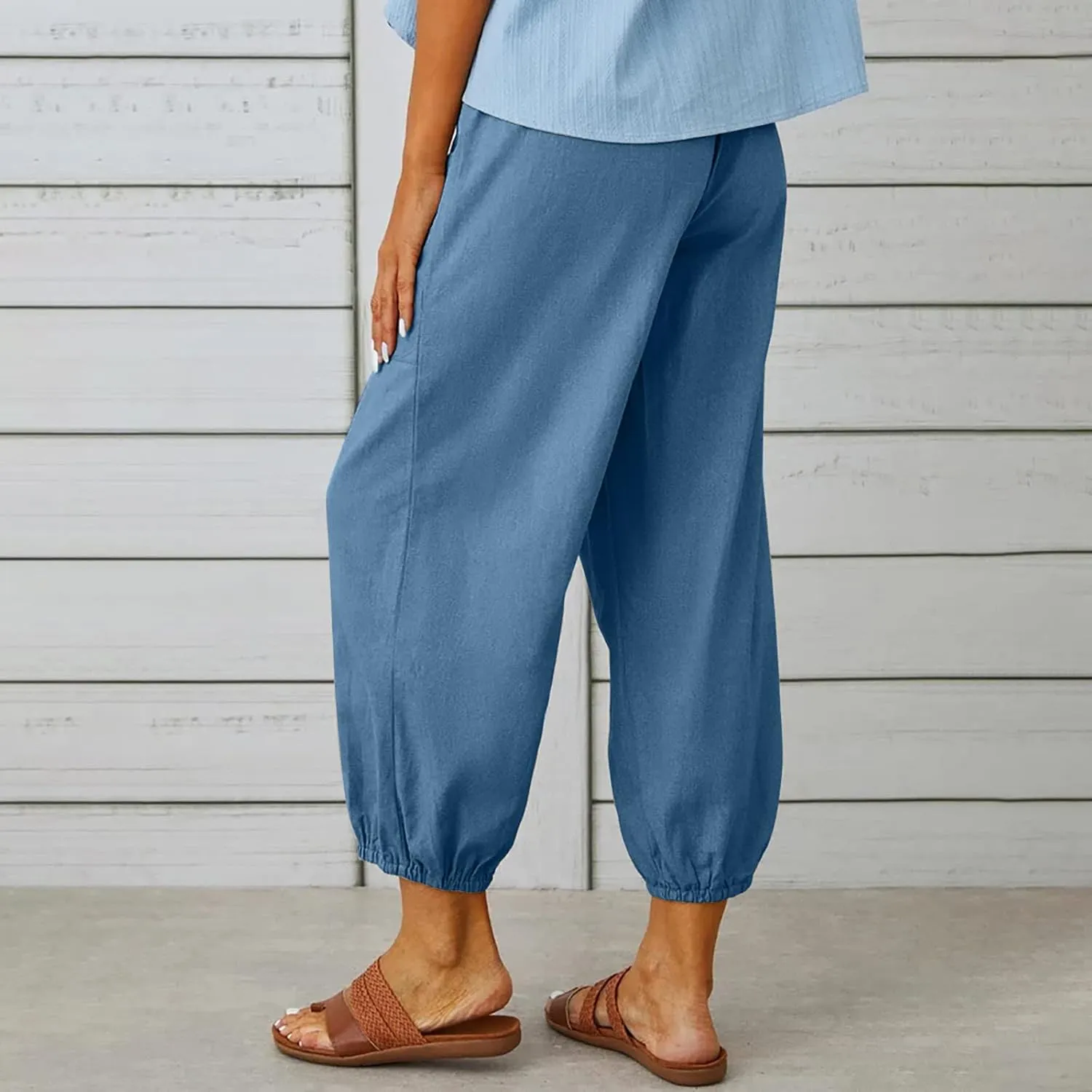 Women's Cotton Pants Trendy Drawstring Bottom Button Jogger Pant Summer Beach Gaucho Trousers Casual Comfy Outfits