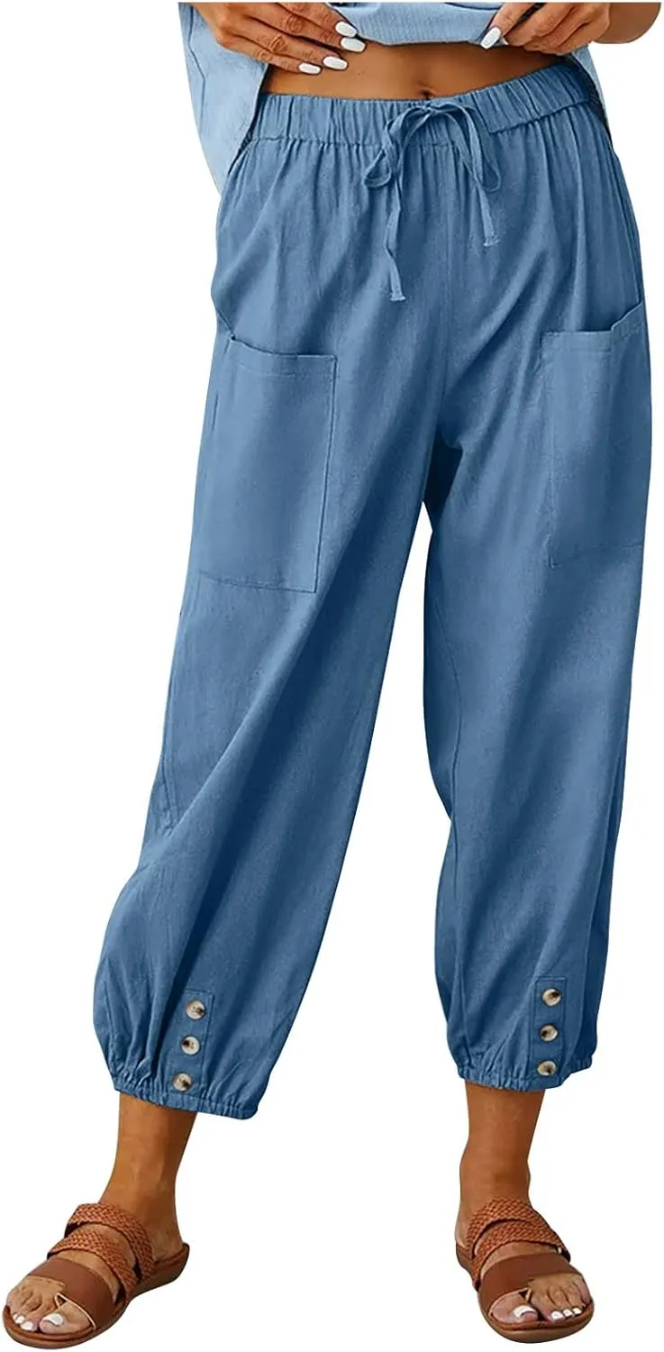 Women's Cotton Pants Trendy Drawstring Bottom Button Jogger Pant Summer Beach Gaucho Trousers Casual Comfy Outfits