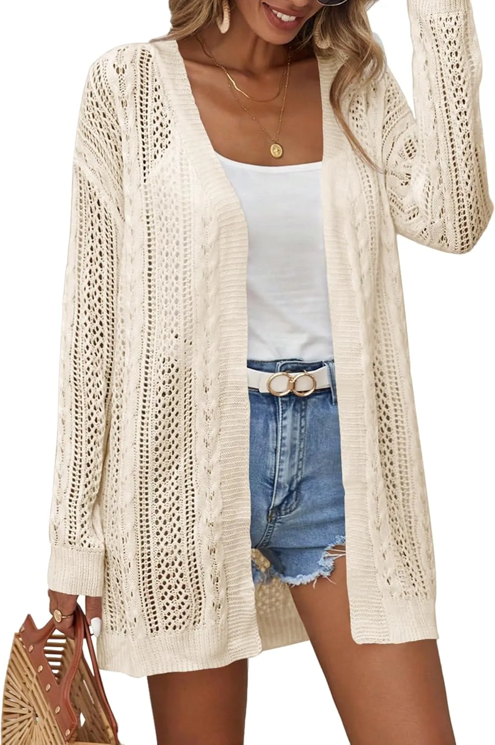 Womens Crochet Lightweight Cardigans Long Sleeve Open Front Kimonos Boho Summer Cardigan Sweater Cover Up