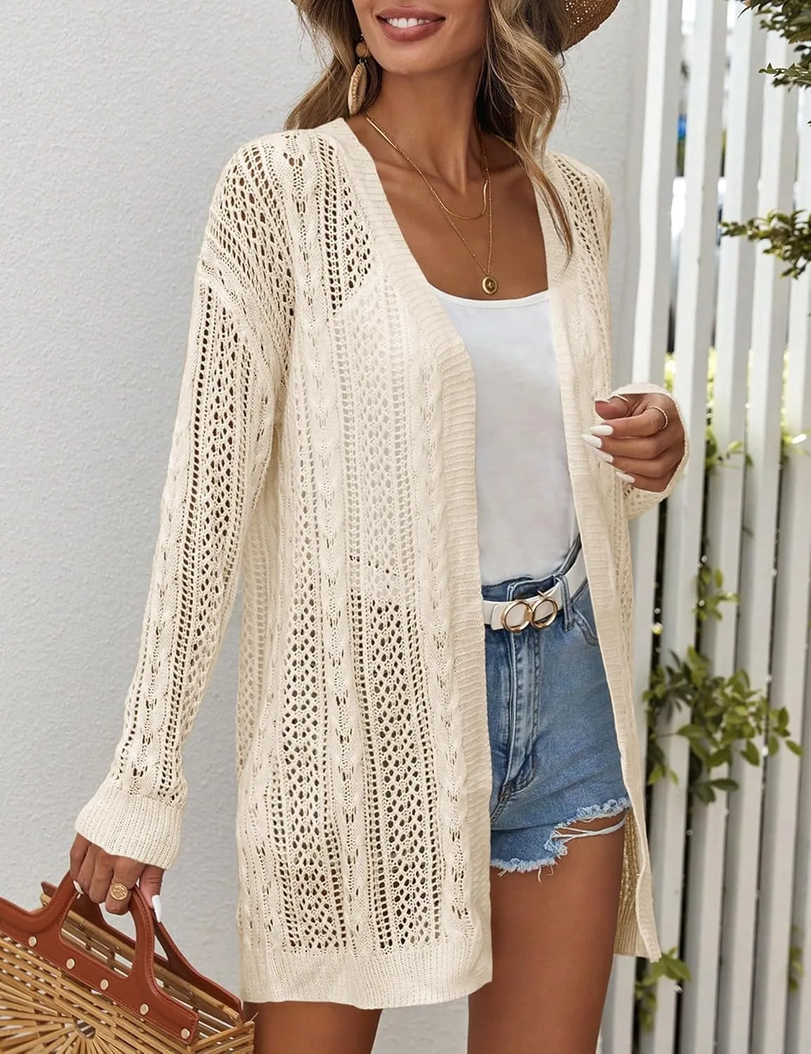 Womens Crochet Lightweight Cardigans Long Sleeve Open Front Kimonos Boho Summer Cardigan Sweater Cover Up