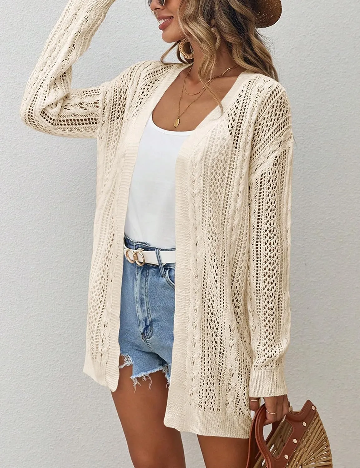 Womens Crochet Lightweight Cardigans Long Sleeve Open Front Kimonos Boho Summer Cardigan Sweater Cover Up