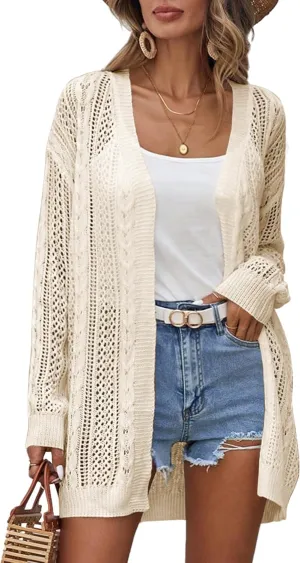 Womens Crochet Lightweight Cardigans Long Sleeve Open Front Kimonos Boho Summer Cardigan Sweater Cover Up