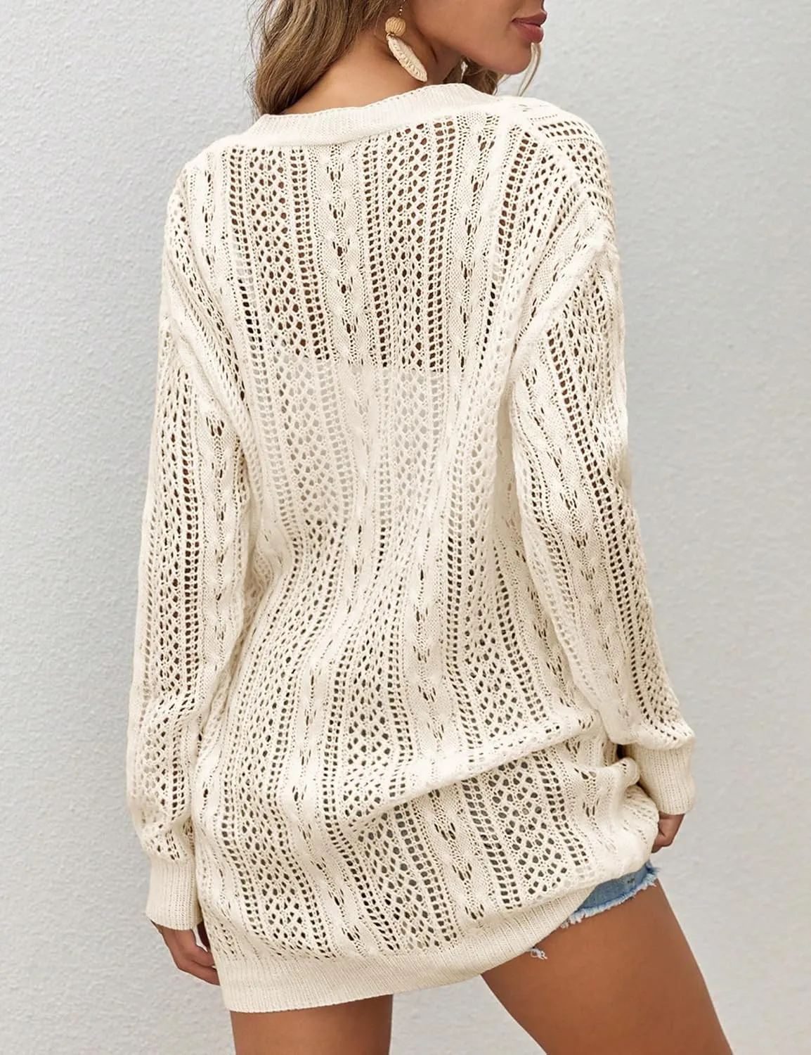 Womens Crochet Lightweight Cardigans Long Sleeve Open Front Kimonos Boho Summer Cardigan Sweater Cover Up