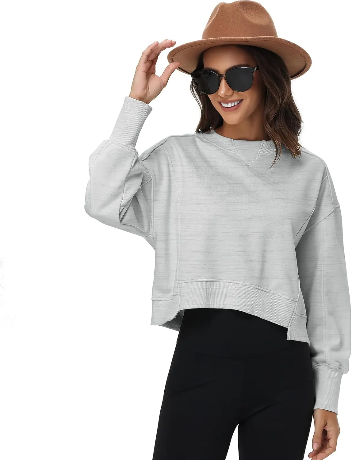Women's Cropped Crewneck Sweatshirts Long Sleeve Oversized Sweatshirt Pullover Fall Crop Top Outfits