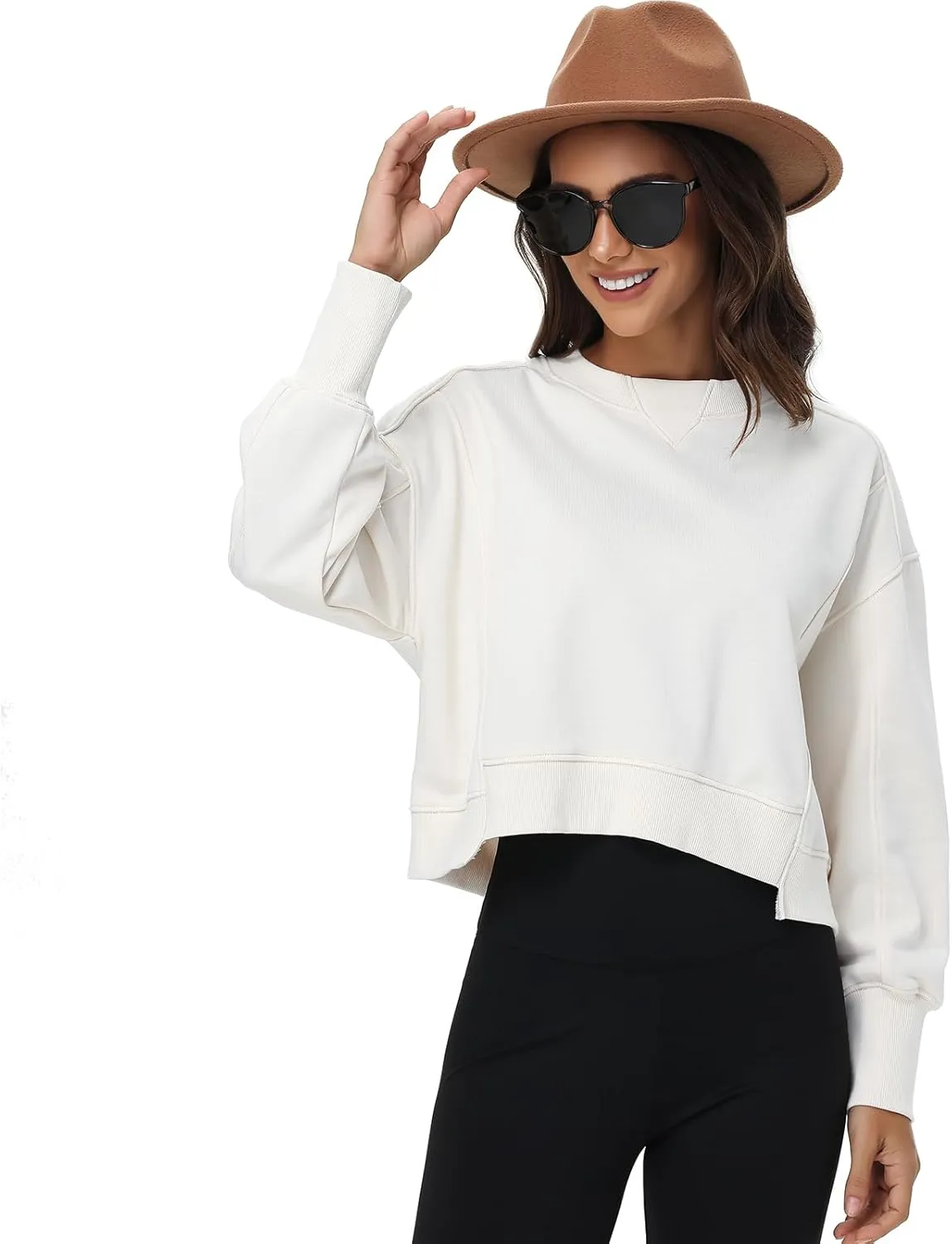 Women's Cropped Crewneck Sweatshirts Long Sleeve Oversized Sweatshirt Pullover Fall Crop Top Outfits
