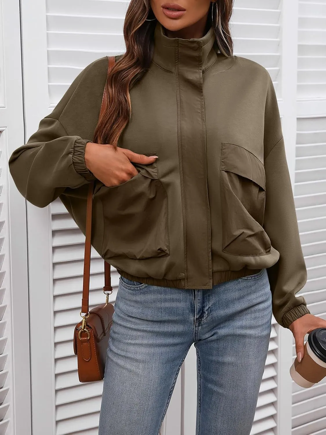 Women's Cropped Oversized Safari Jackets Zip Up Stand Collar Neck Long Sleeve Utility Anorak jacket with Pocket