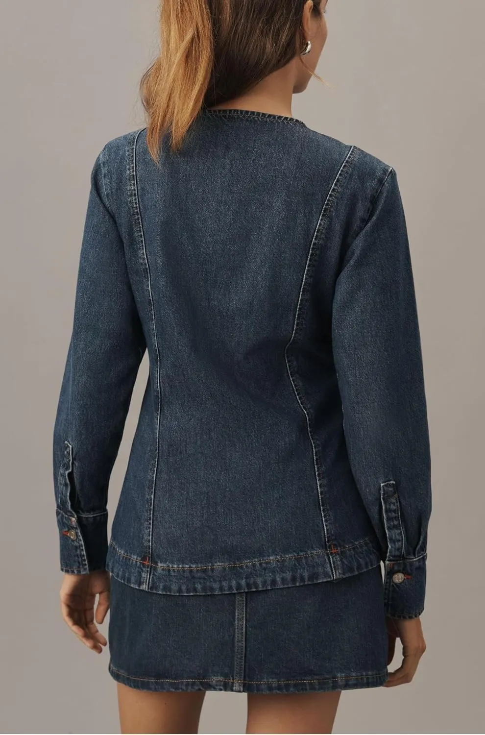 Women's Denim Shirt Long Sleeve Button Down Collarless V-Neck Slim Fit Jean Jacket Denim Top