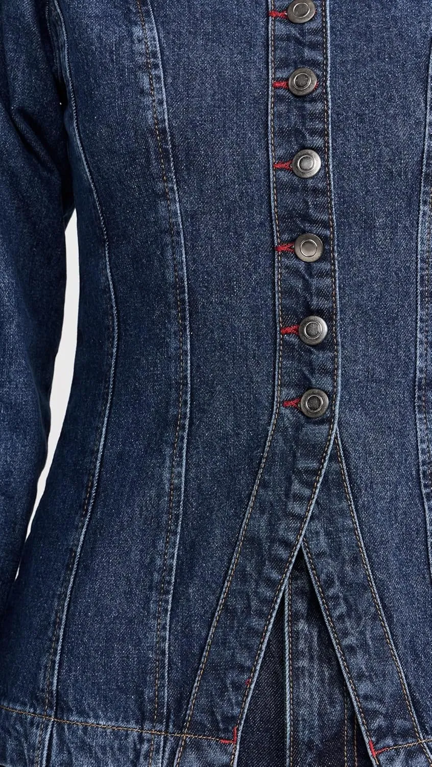 Women's Denim Shirt Long Sleeve Button Down Collarless V-Neck Slim Fit Jean Jacket Denim Top