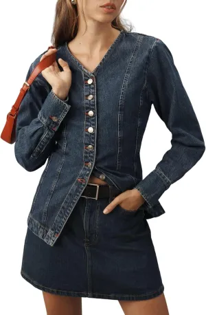Women's Denim Shirt Long Sleeve Button Down Collarless V-Neck Slim Fit Jean Jacket Denim Top