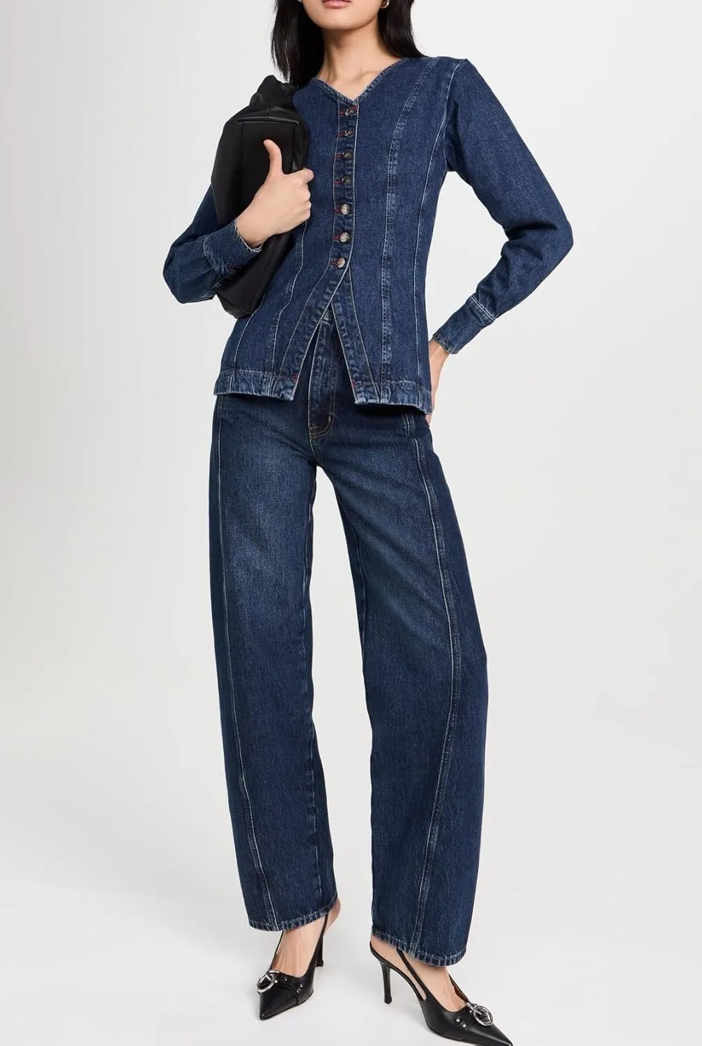 Women's Denim Shirt Long Sleeve Button Down Collarless V-Neck Slim Fit Jean Jacket Denim Top