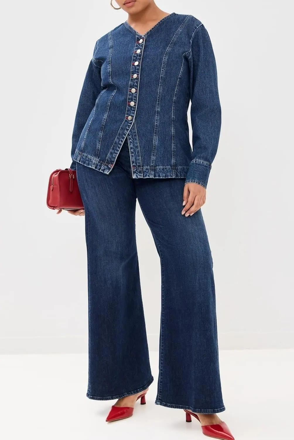 Women's Denim Shirt Long Sleeve Button Down Collarless V-Neck Slim Fit Jean Jacket Denim Top
