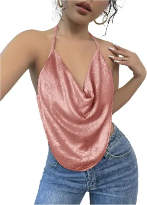 Women's Draped Neck Halter Top Sleeveless Slim Fit Crop Camisole Tops Party Clothes