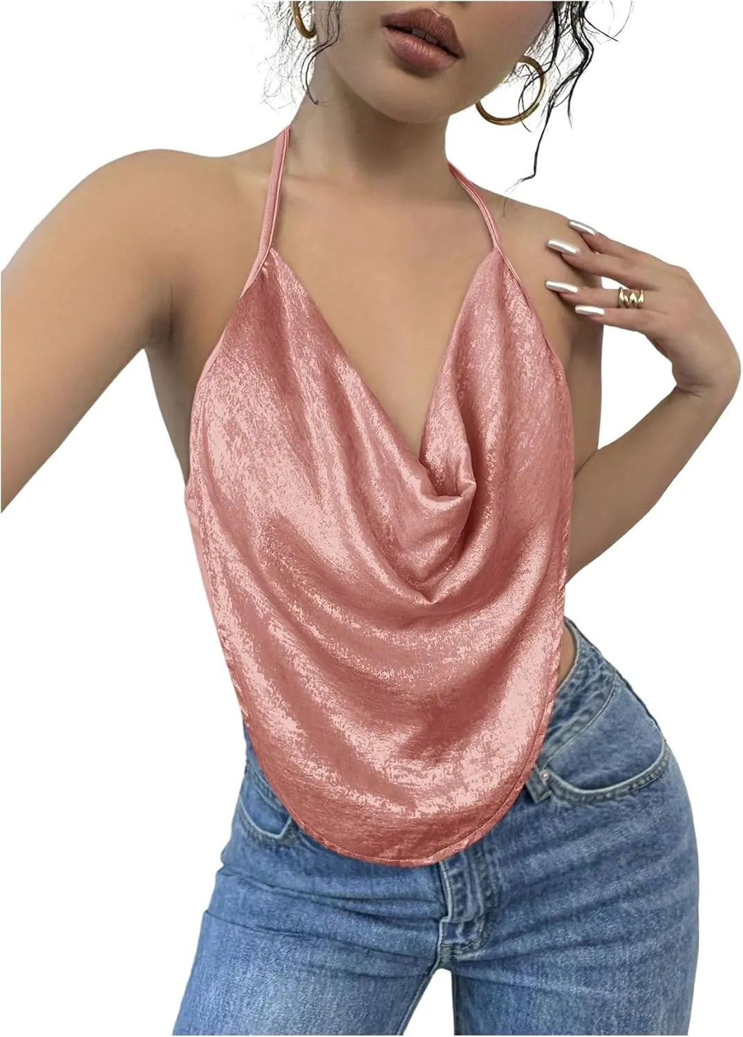 Women's Draped Neck Halter Top Sleeveless Slim Fit Crop Camisole Tops Party Clothes