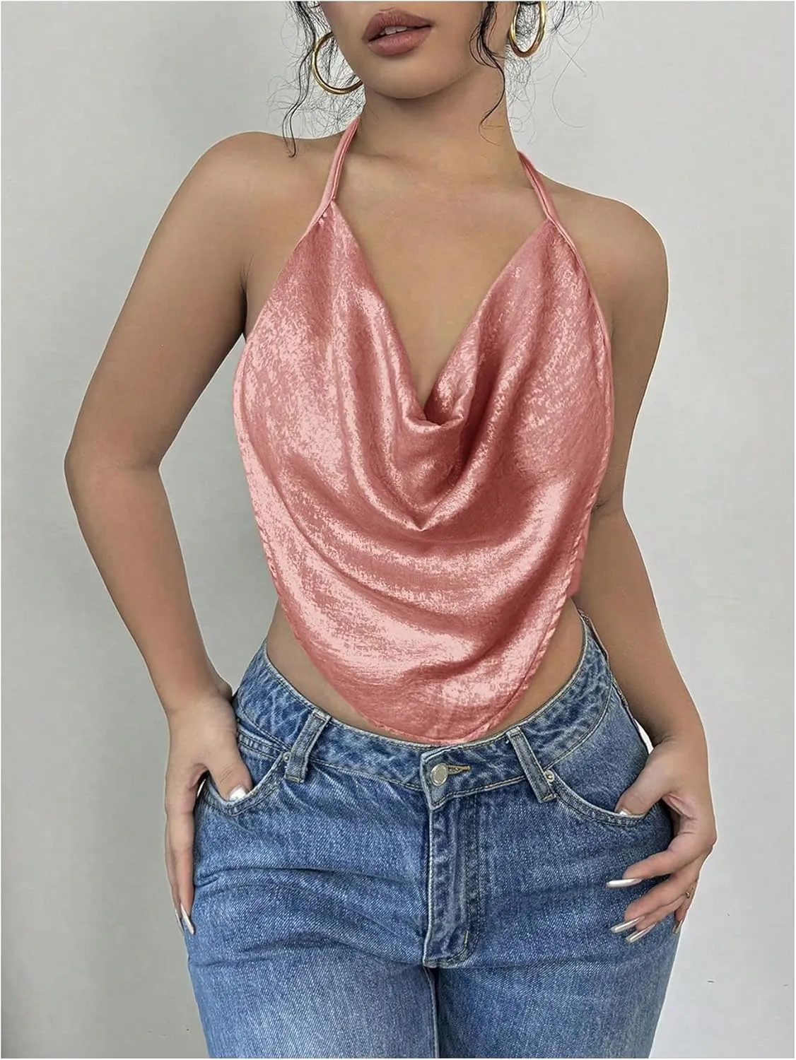 Women's Draped Neck Halter Top Sleeveless Slim Fit Crop Camisole Tops Party Clothes
