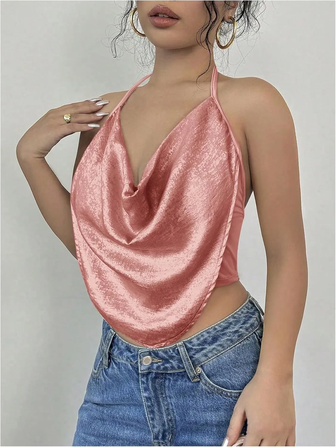 Women's Draped Neck Halter Top Sleeveless Slim Fit Crop Camisole Tops Party Clothes