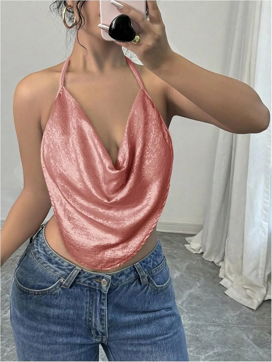 Women's Draped Neck Halter Top Sleeveless Slim Fit Crop Camisole Tops Party Clothes