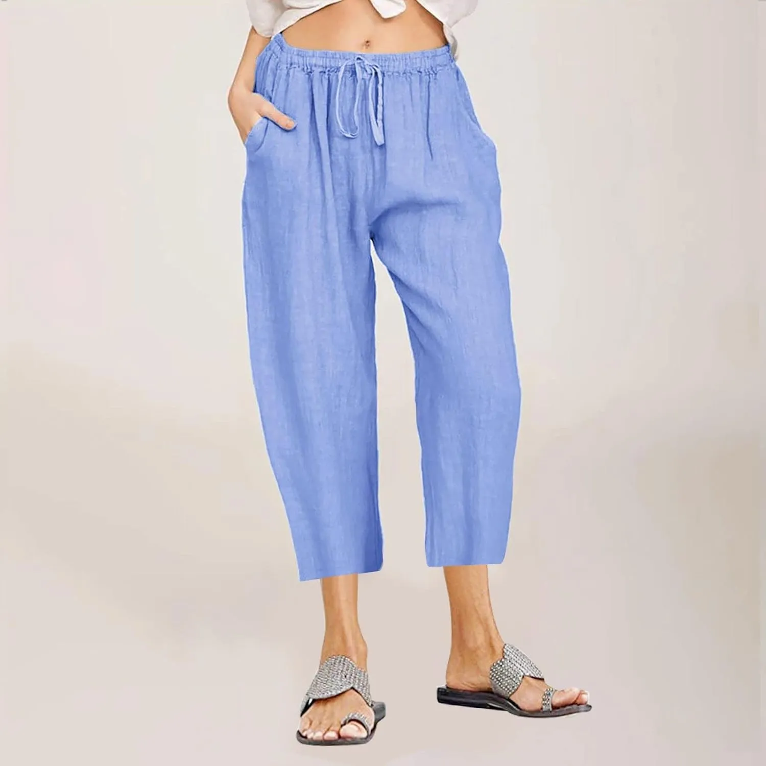 Women's Drawstring Linen Crop Pants Capris High Waisted Wide Leg Trousers Elastic Waist Summer Beach Pant with Pocket