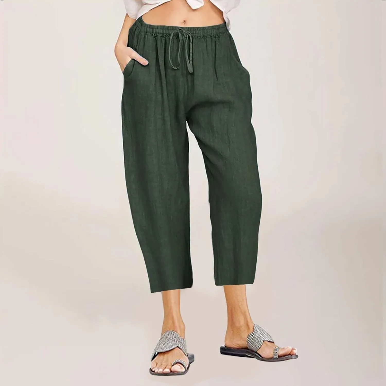 Women's Drawstring Linen Crop Pants Capris High Waisted Wide Leg Trousers Elastic Waist Summer Beach Pant with Pocket
