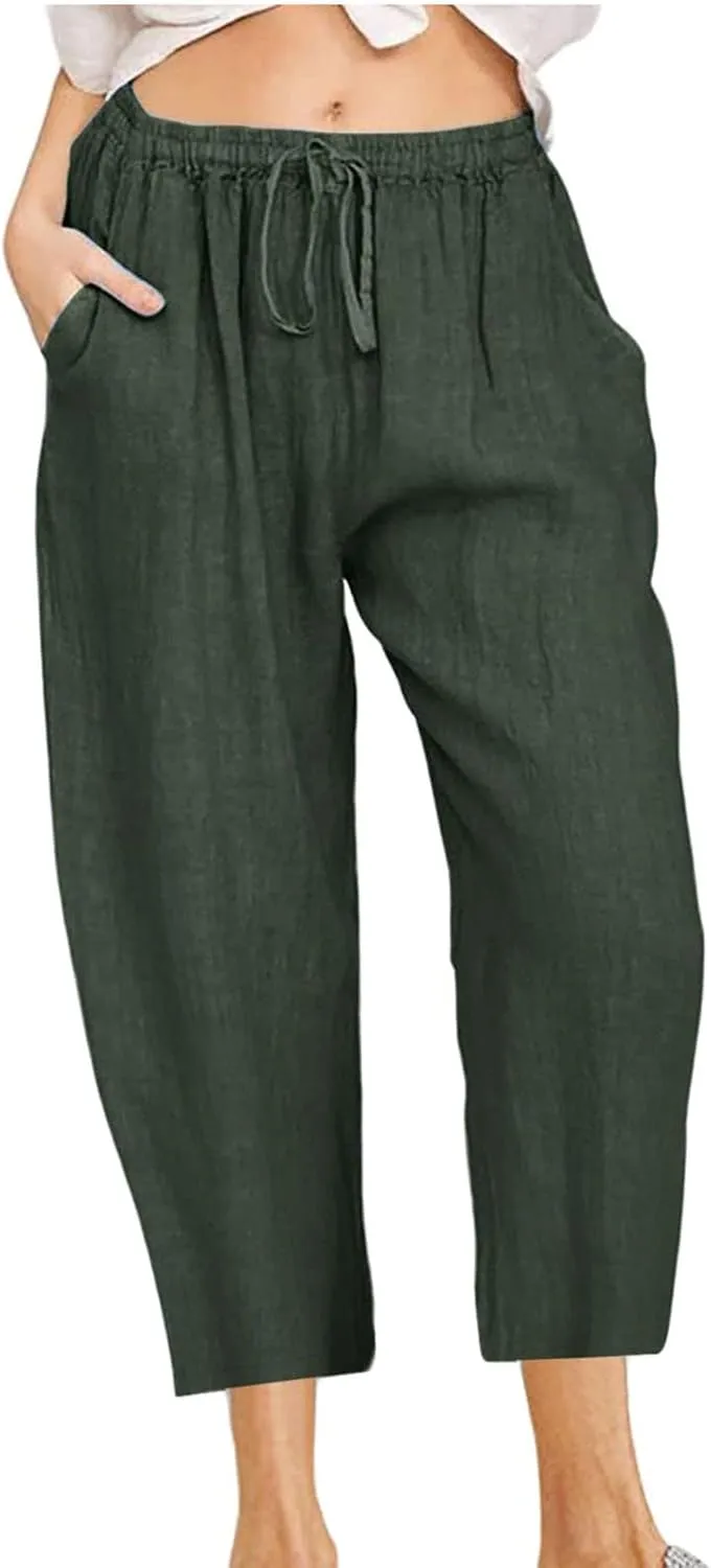 Women's Drawstring Linen Crop Pants Capris High Waisted Wide Leg Trousers Elastic Waist Summer Beach Pant with Pocket