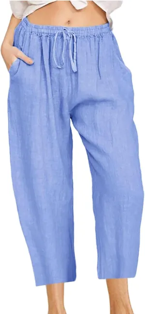 Women's Drawstring Linen Crop Pants Capris High Waisted Wide Leg Trousers Elastic Waist Summer Beach Pant with Pocket