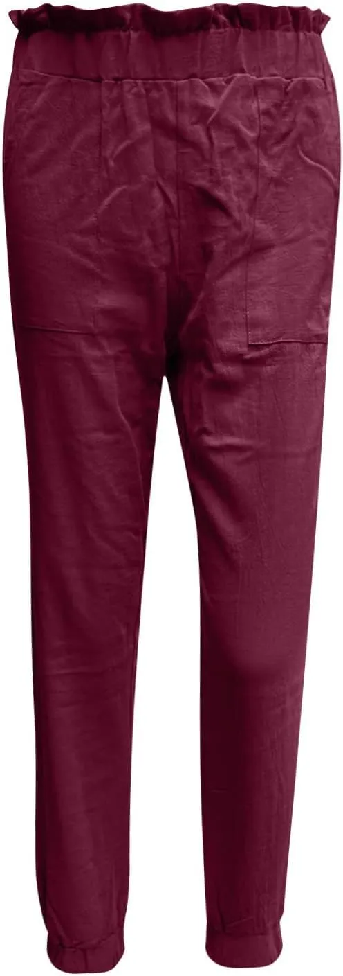 Womens Elastic Waist Cotton Linen Trousers Solid Color Slacks Lightweight Business Casual Pants Ladies Comfy Outfits