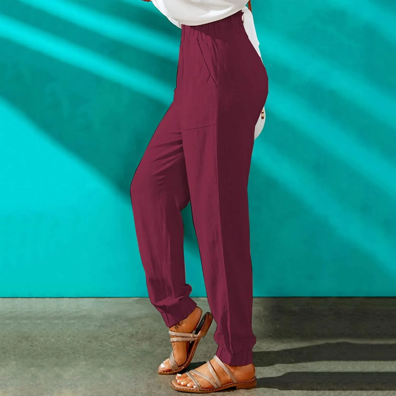 Womens Elastic Waist Cotton Linen Trousers Solid Color Slacks Lightweight Business Casual Pants Ladies Comfy Outfits