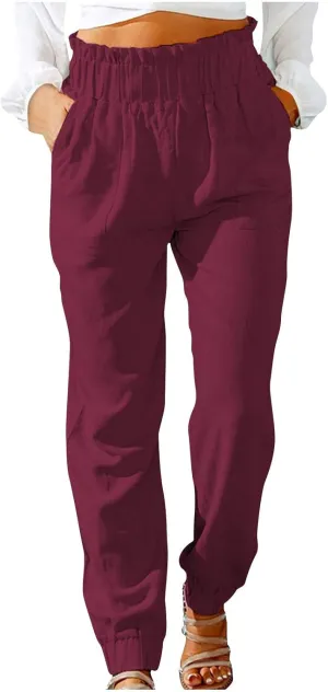 Womens Elastic Waist Cotton Linen Trousers Solid Color Slacks Lightweight Business Casual Pants Ladies Comfy Outfits