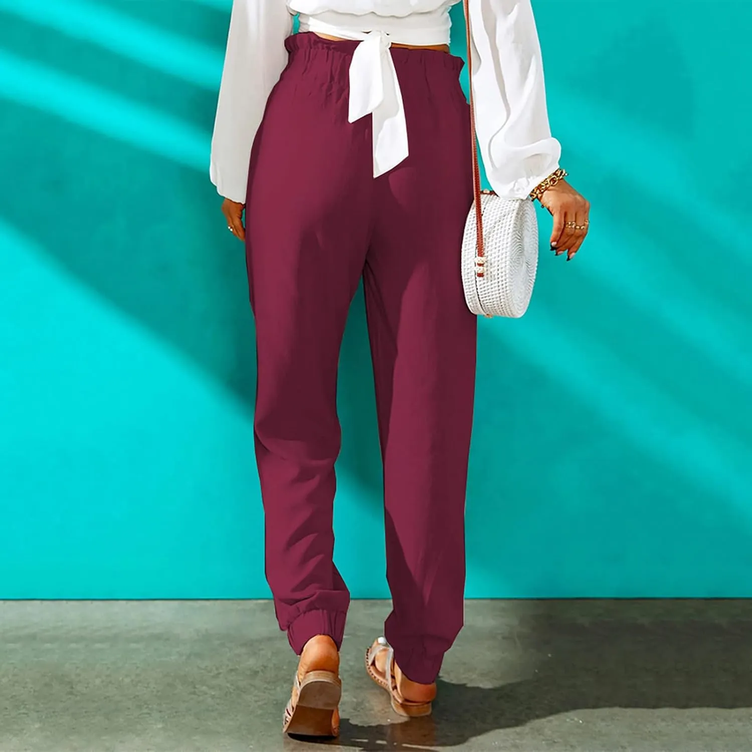 Womens Elastic Waist Cotton Linen Trousers Solid Color Slacks Lightweight Business Casual Pants Ladies Comfy Outfits