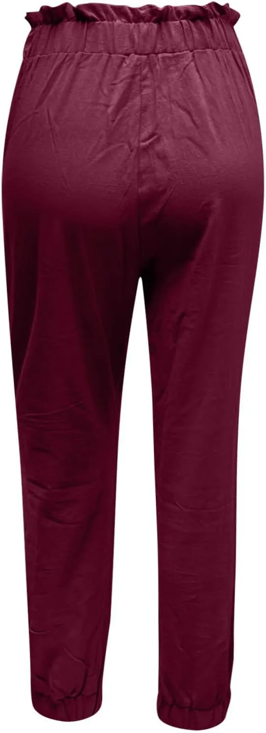 Womens Elastic Waist Cotton Linen Trousers Solid Color Slacks Lightweight Business Casual Pants Ladies Comfy Outfits
