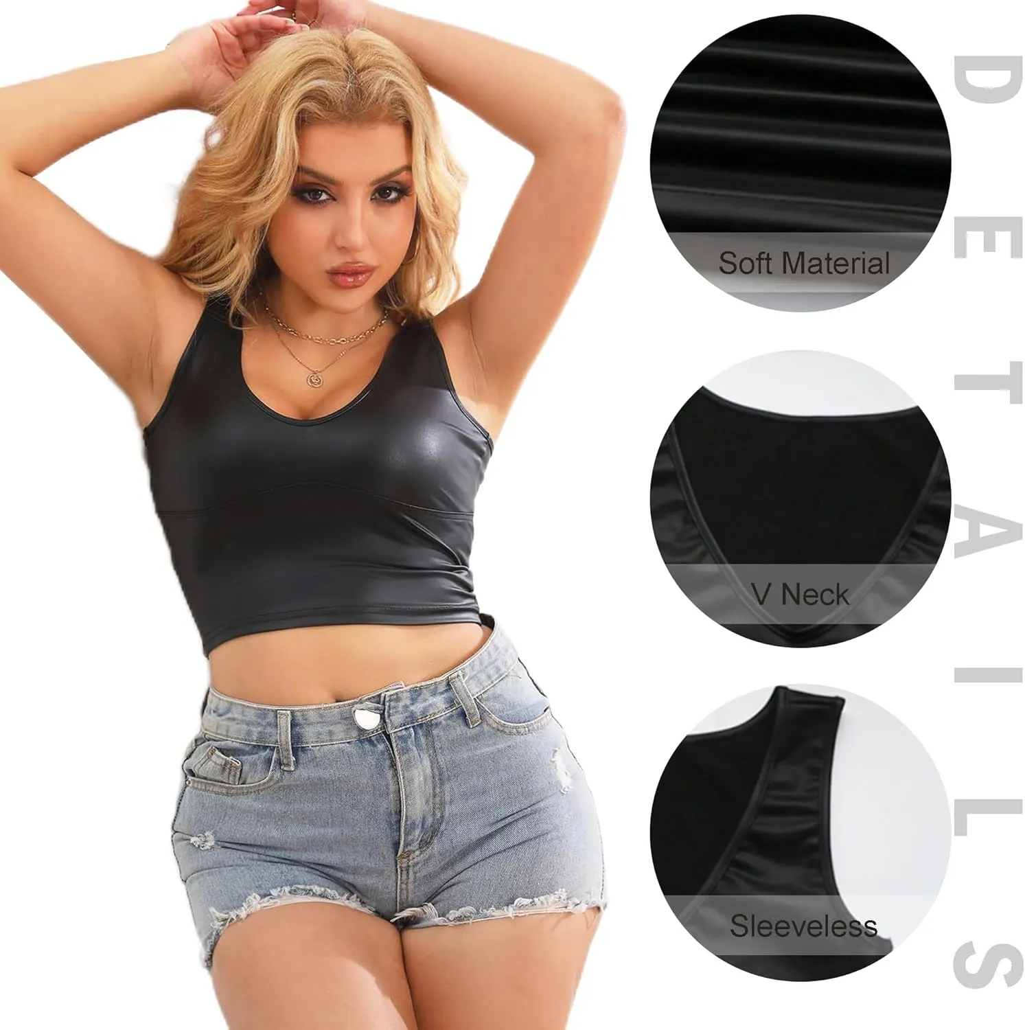Women's Faux Leather Tank Top Shirt V Neck Black Sleeveless Camisole Crop Shirts