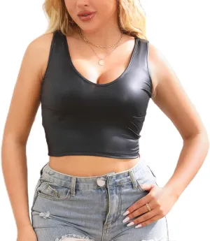 Women's Faux Leather Tank Top Shirt V Neck Black Sleeveless Camisole Crop Shirts