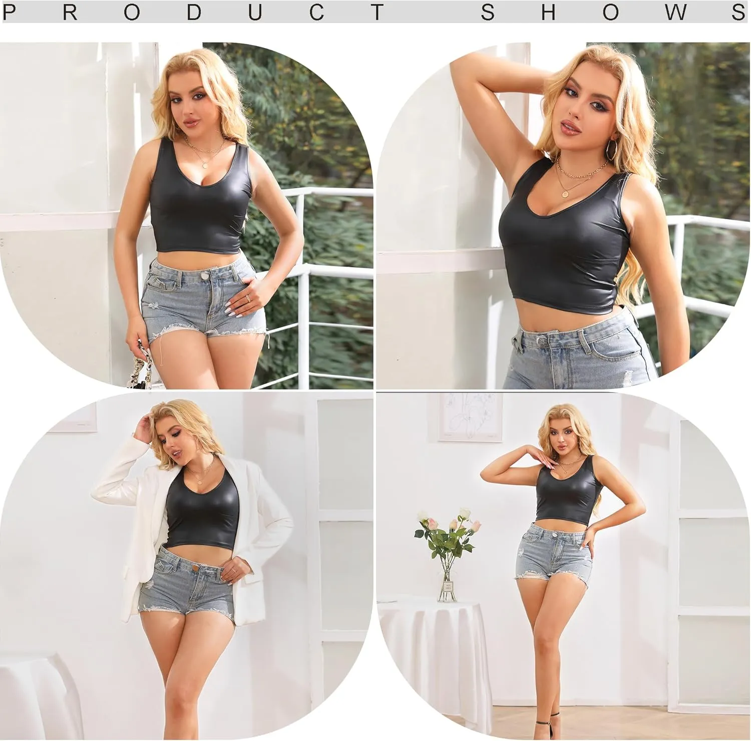 Women's Faux Leather Tank Top Shirt V Neck Black Sleeveless Camisole Crop Shirts
