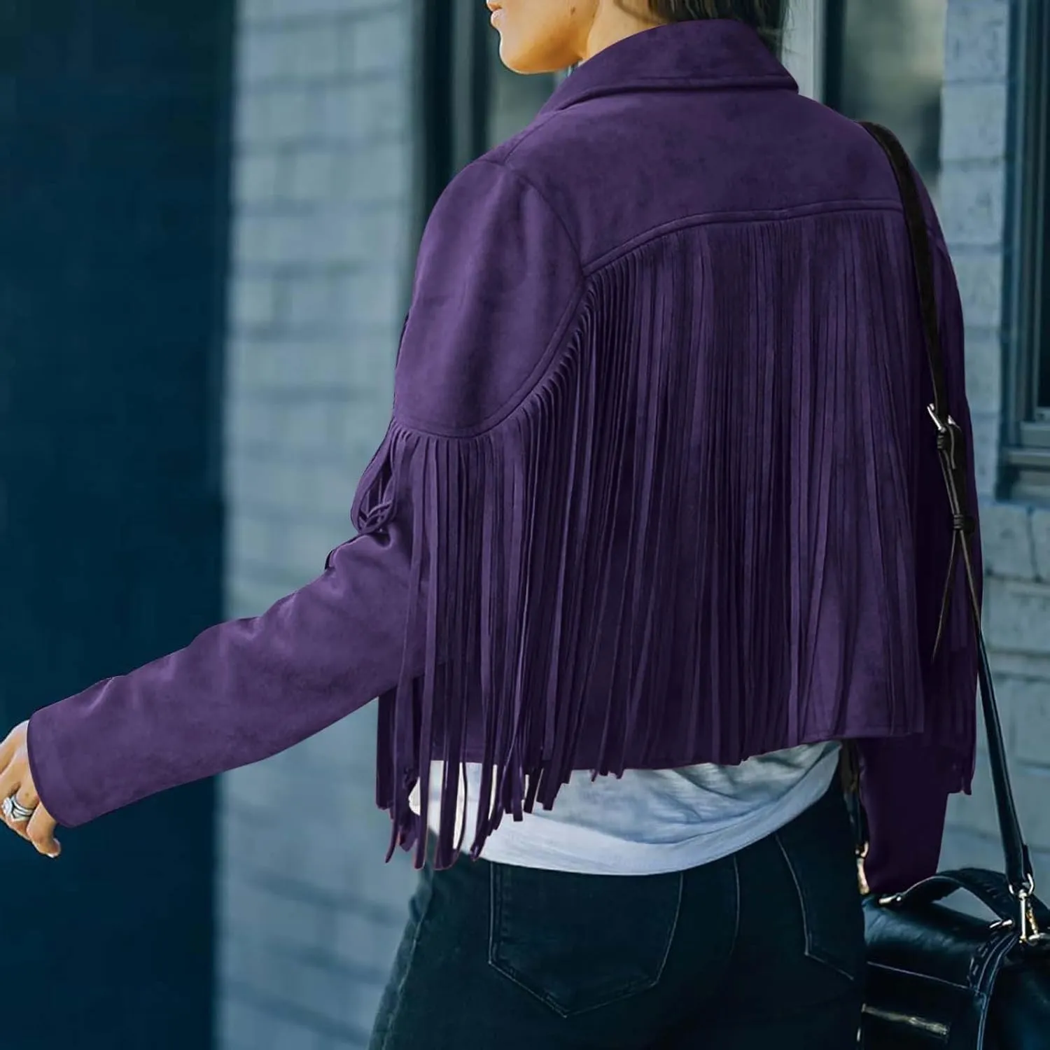 Women's Faux Suede Tassel Leather Jackets Long Sleeve Short Fringe Jacket Motorcycle Lapel Open Front Outerwear
