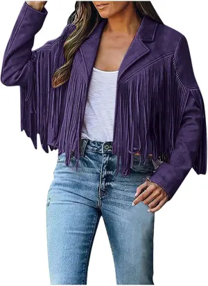 Women's Faux Suede Tassel Leather Jackets Long Sleeve Short Fringe Jacket Motorcycle Lapel Open Front Outerwear