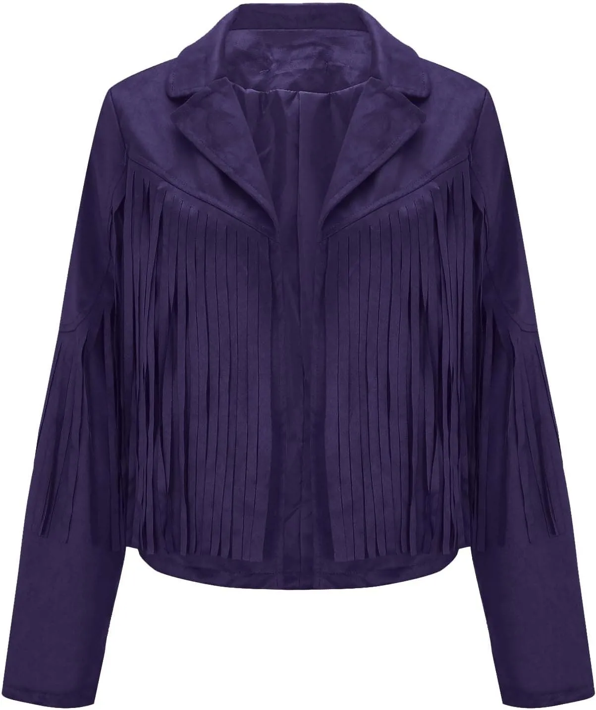 Women's Faux Suede Tassel Leather Jackets Long Sleeve Short Fringe Jacket Motorcycle Lapel Open Front Outerwear