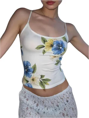 Women's Floral Crop Camisole Tops Scoop Neck Fitted Spaghetti Strap Tank Top