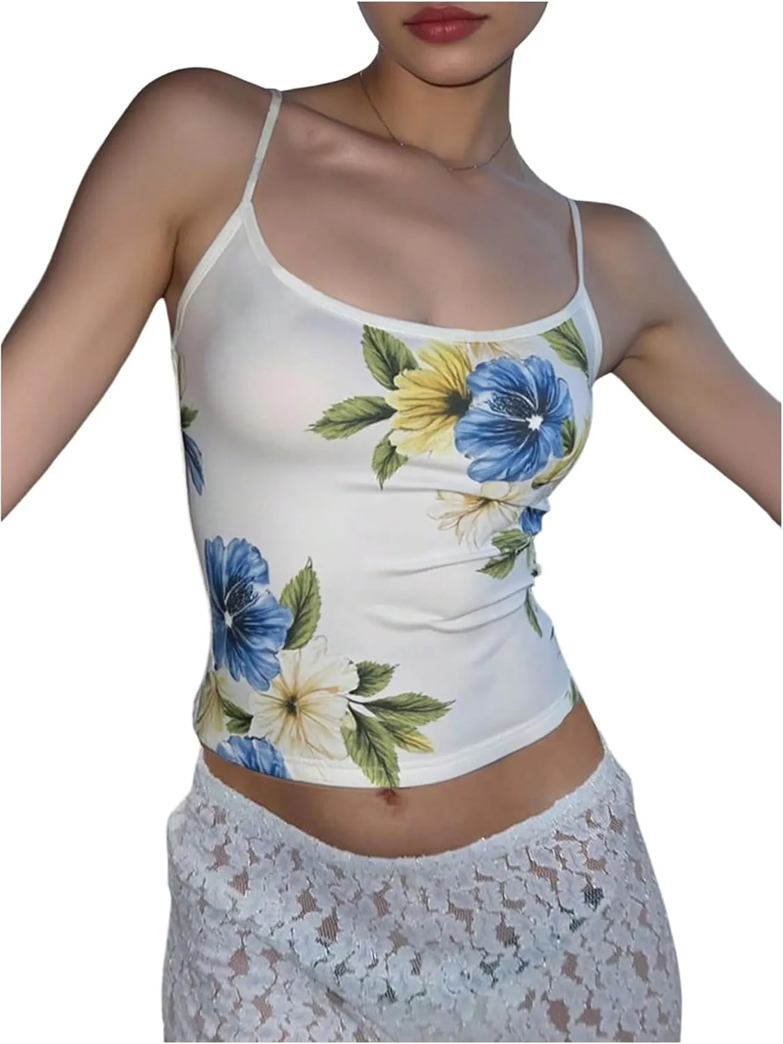 Women's Floral Crop Camisole Tops Scoop Neck Fitted Spaghetti Strap Tank Top