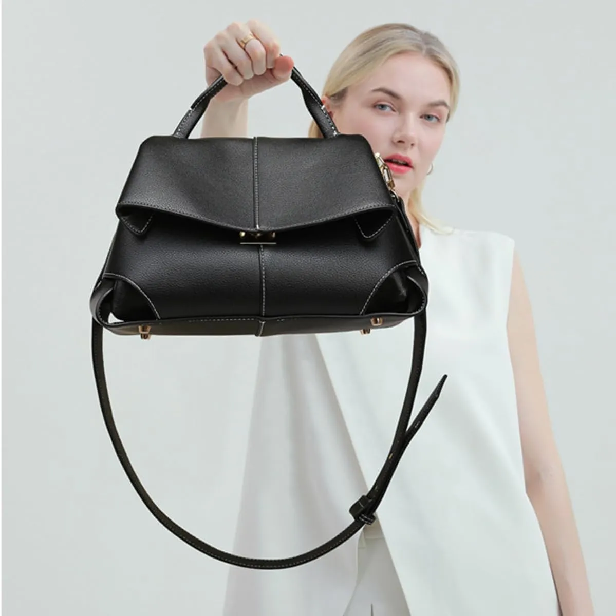 Women's Genuine Leather Handbag, Top Handle Satchel, Shoulder Crossbody Bag with Adjustable Strap