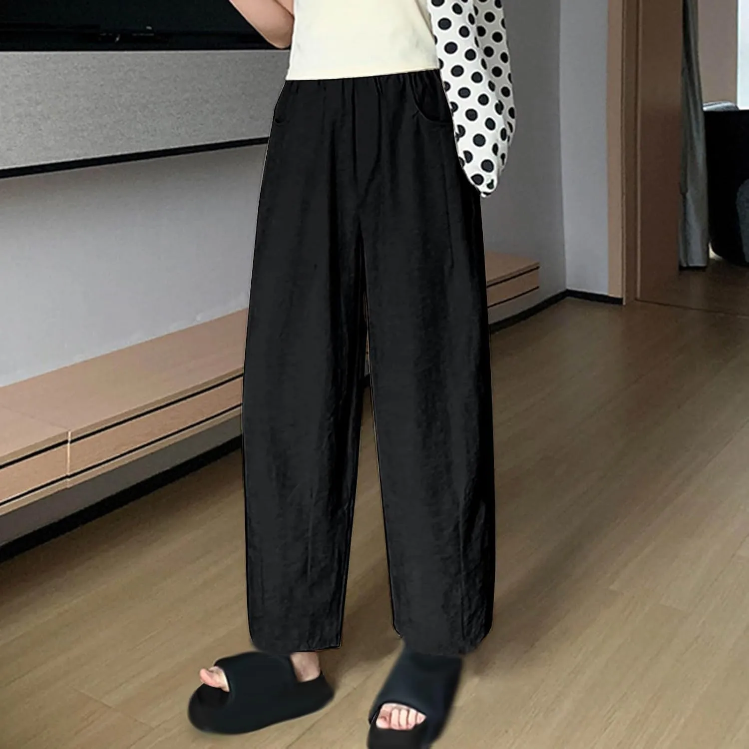 Women's Harem Pants 2025 Summer Casual Loose Wide Leg Palazzo Pants Elastic High Waist Lightweight Flowy Beach Trouser