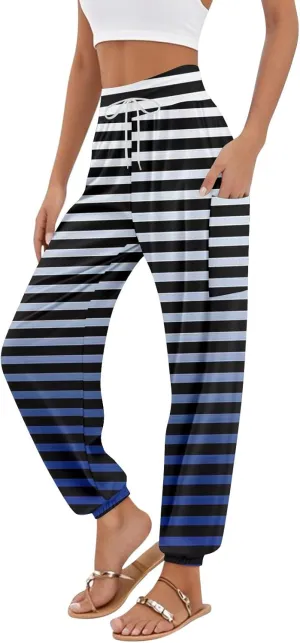 Women's Harem Pants, Hippie Palazzo Pants Boho Joggers High Waist Drawstring Trousers Flowy Clothes Pant with Pockets E0