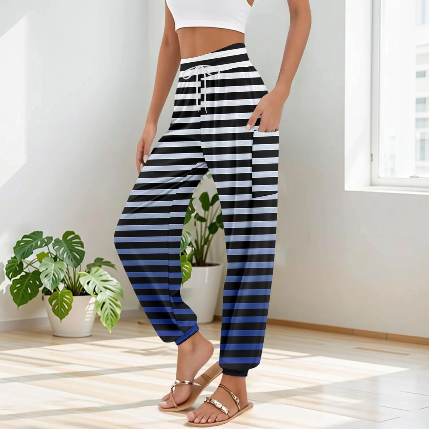 Women's Harem Pants, Hippie Palazzo Pants Boho Joggers High Waist Drawstring Trousers Flowy Clothes Pant with Pockets E0