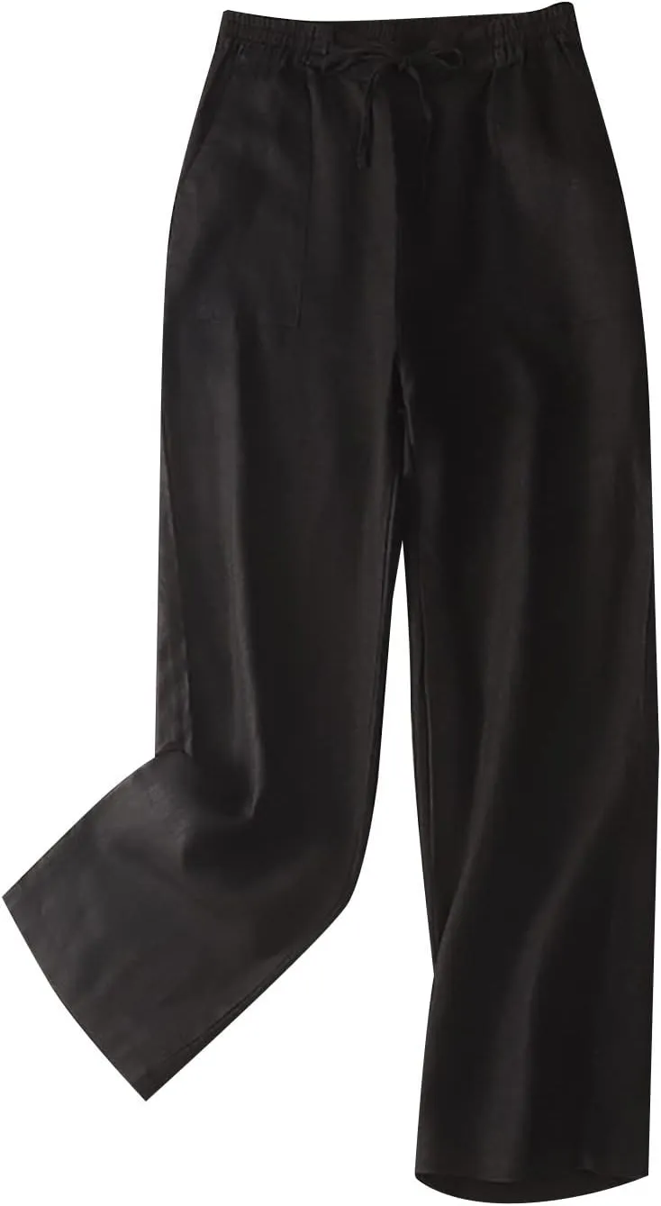 Womens High Waist Wide Leg Trouser Fit Loose Work Office Long Pants Drawstring High Waist Pants with Pockets (Black, XXXL)