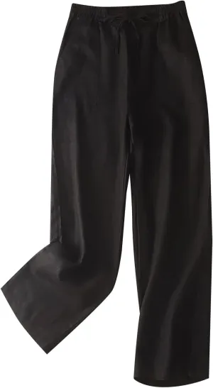 Womens High Waist Wide Leg Trouser Fit Loose Work Office Long Pants Drawstring High Waist Pants with Pockets (Black, XXXL)