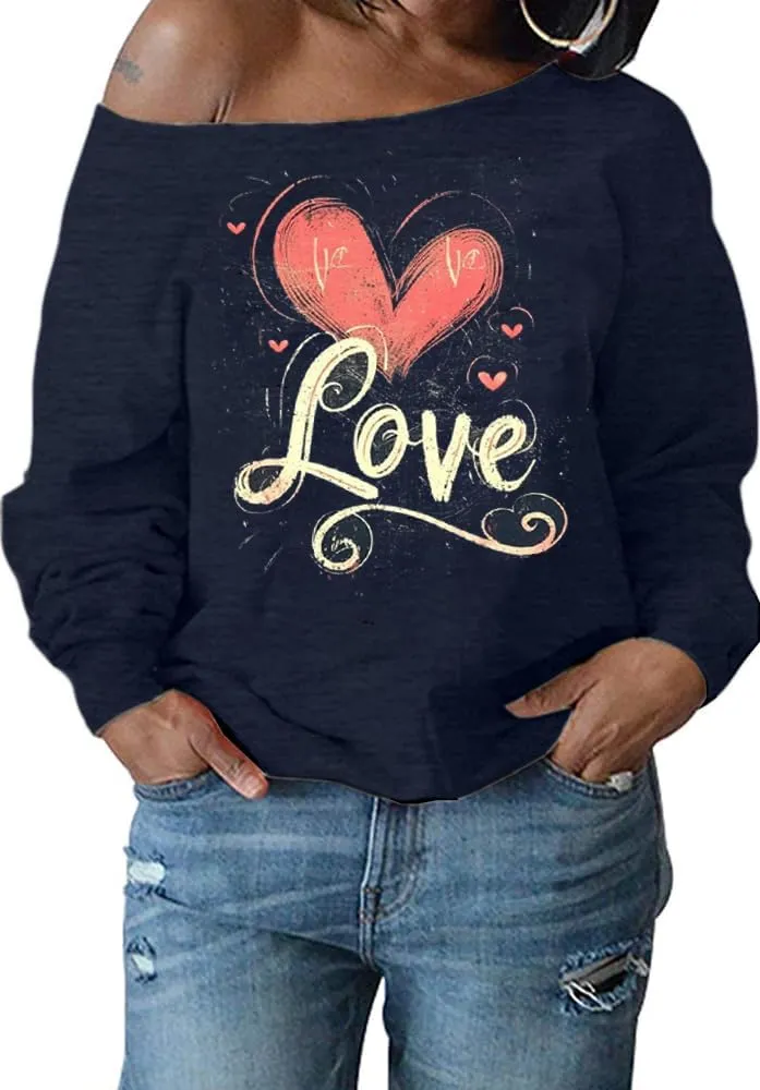 Womens Holiday Off the Shoulder Long Sleeve Loose Slouchy Sweatshirt Pullover Letter Printed Tops
