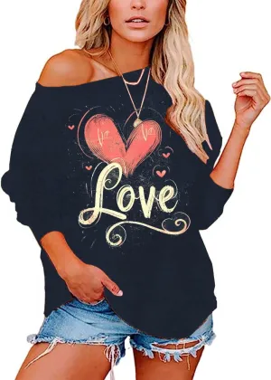 Womens Holiday Off the Shoulder Long Sleeve Loose Slouchy Sweatshirt Pullover Letter Printed Tops