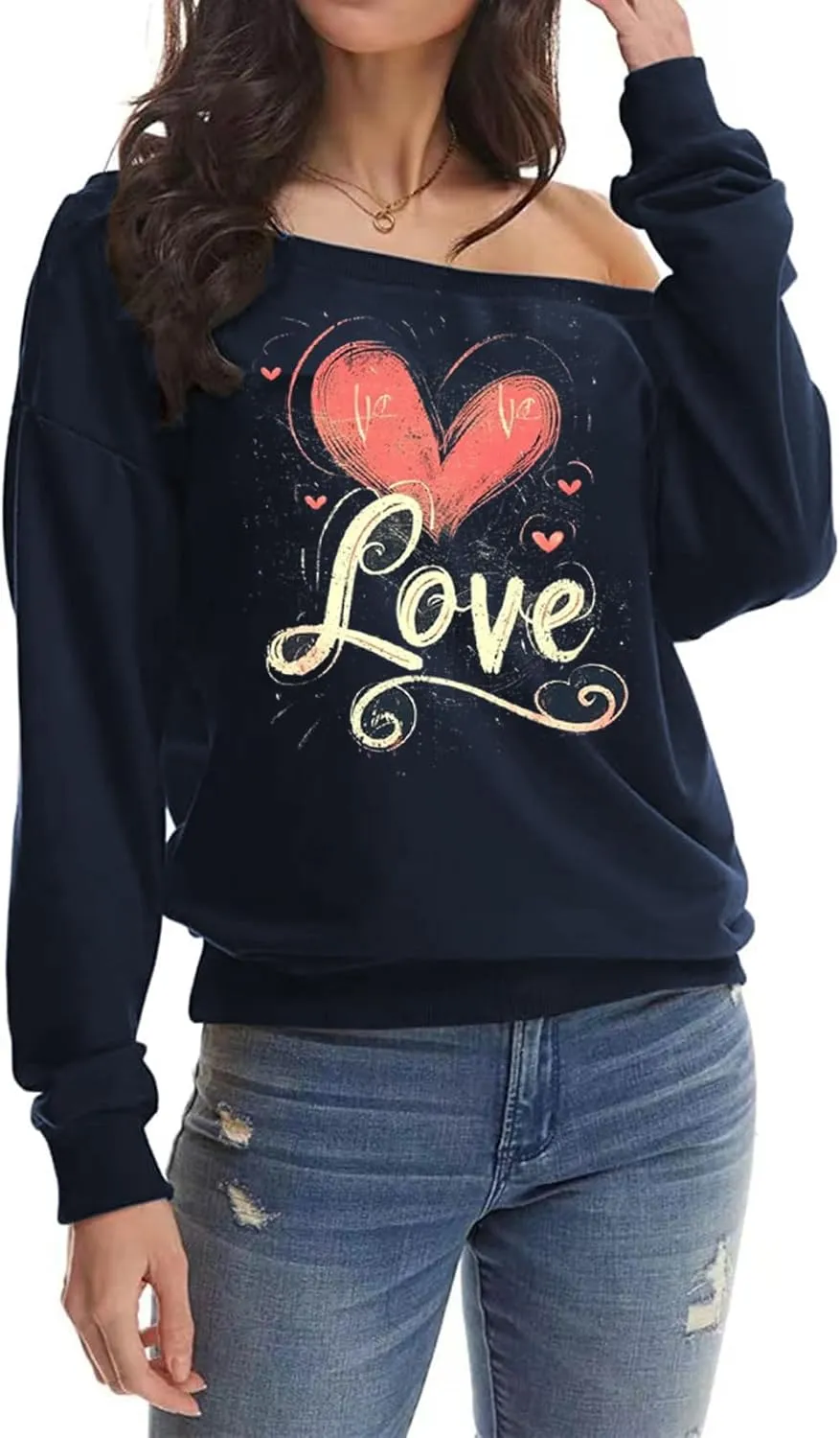 Womens Holiday Off the Shoulder Long Sleeve Loose Slouchy Sweatshirt Pullover Letter Printed Tops