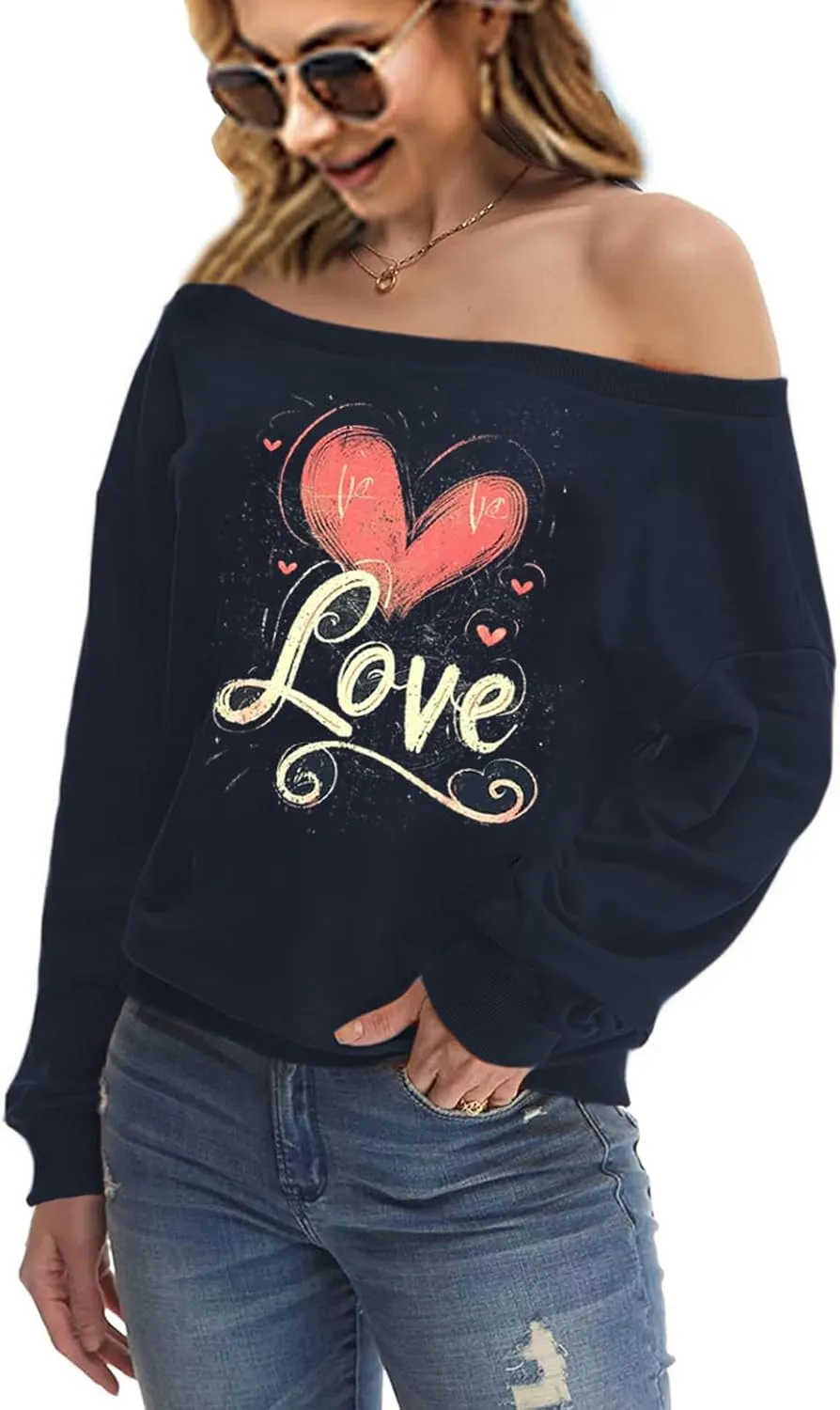 Womens Holiday Off the Shoulder Long Sleeve Loose Slouchy Sweatshirt Pullover Letter Printed Tops